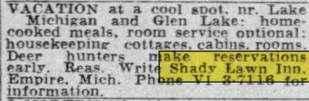 Shady Lawn Inn (Shady Lawn Lodge, Shady Lawn Cabins) - Jul 1952 Ad
